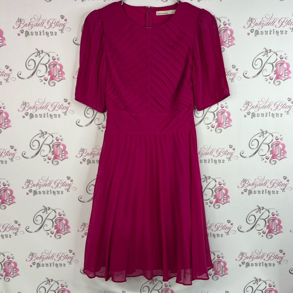 Karen Millen dress pleated deep pink Fuchsia Midi Dress puff sleeve luxe formal